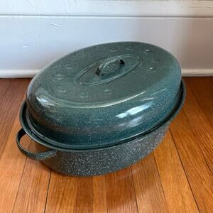 Vintage Graniteware Roasting Pan Dark Green Speckled Oval with Lid